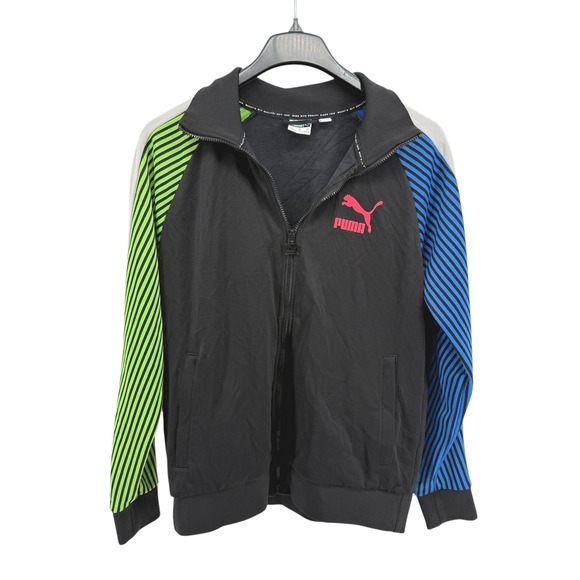 Puma Dazed T7 Track Jacket Black Green Blue Striped Sleeve Pre-Owned Mens Medium - Picture 3 of 14